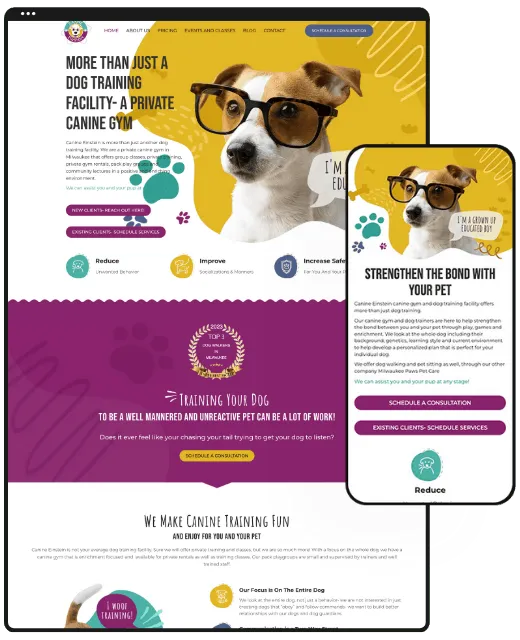 Website for Canine Einstein, desktop and phone