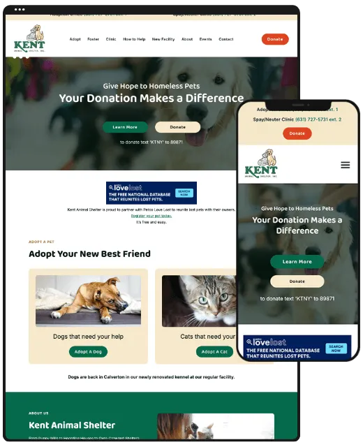 Website for an animal shelter, desktop and phone