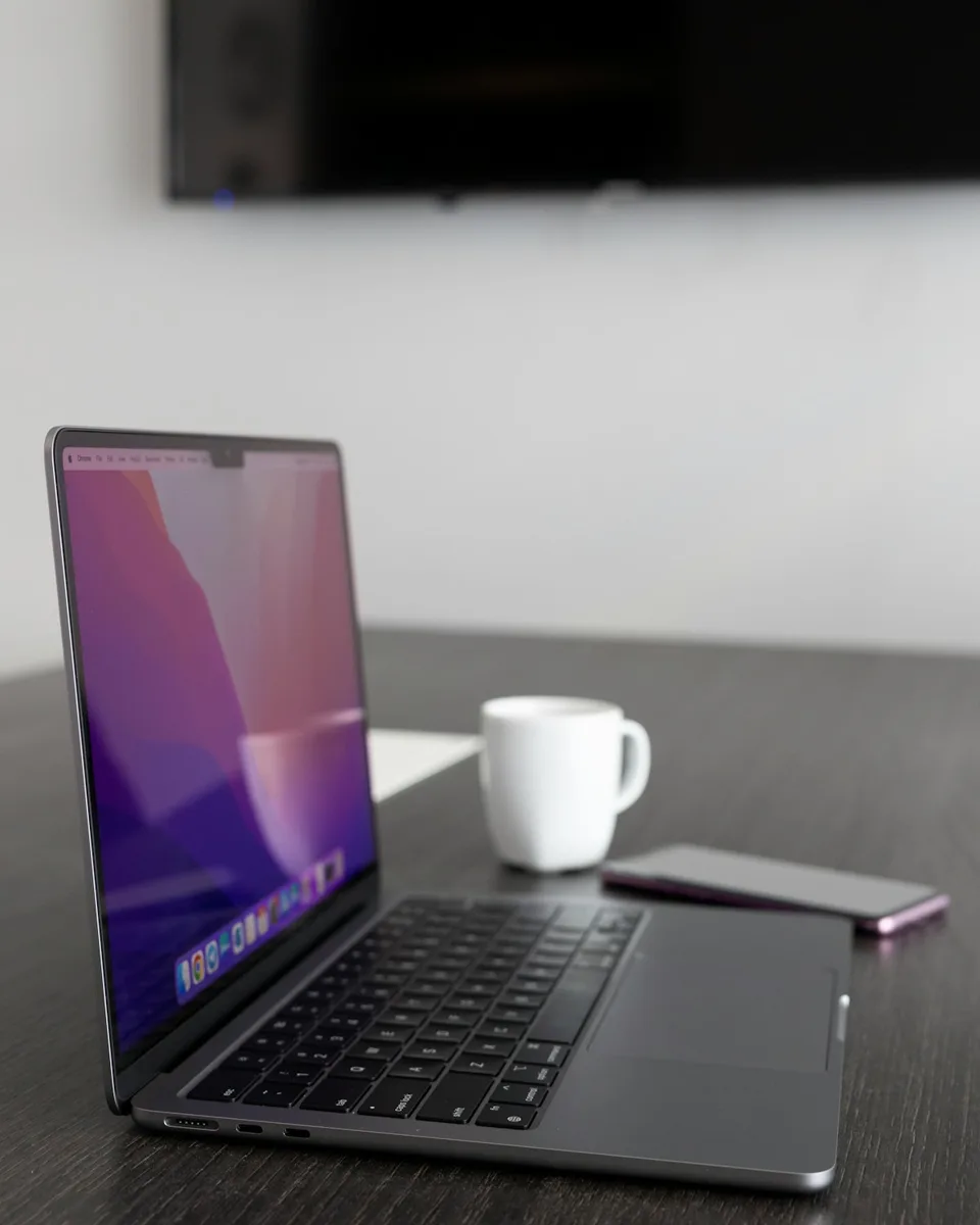 A laptop on a desk beside a white coffee mug